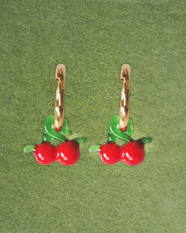 18k Gold Plated - Glass Cherry Charm Hoop Earrings