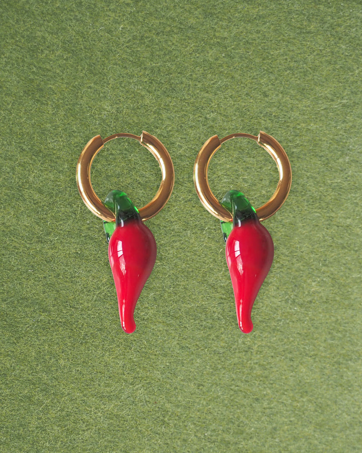 18k Gold Plated - Glass Chilli Charm Hoop Earrings