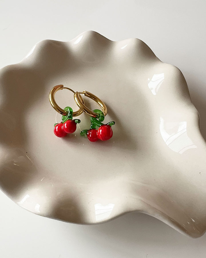 18k Gold Plated - Glass Cherry Charm Hoop Earrings