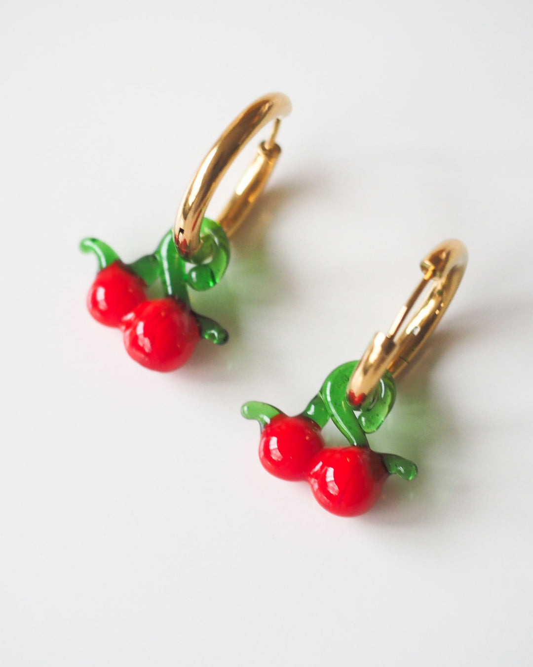 18k Gold Plated - Glass Cherry Charm Hoop Earrings
