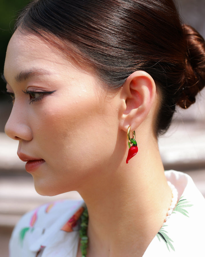 18k Gold Plated - Glass Chilli Charm Hoop Earrings