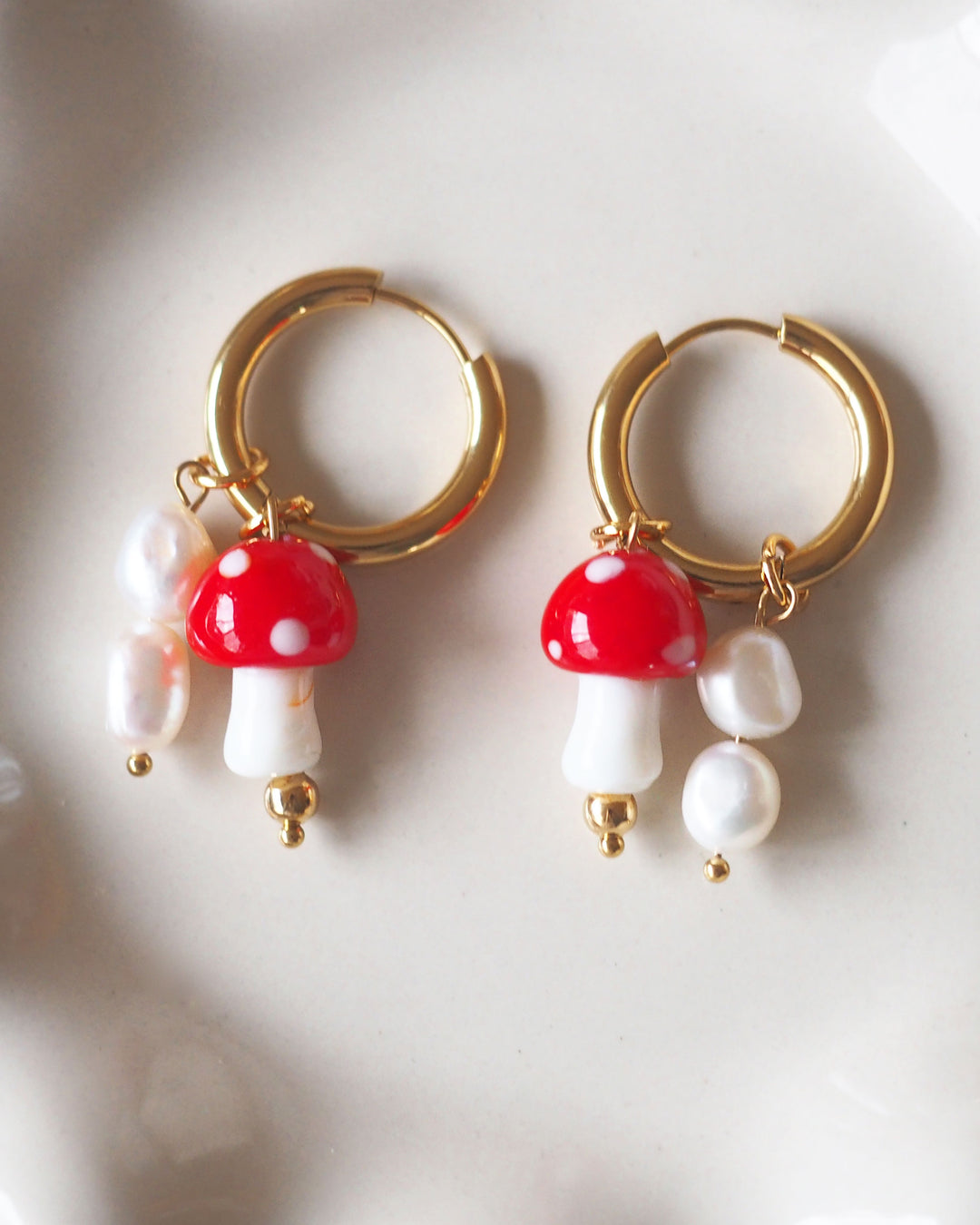 18k Gold Plated - Glass Mushroom Pearl Charm Hoop Earrings