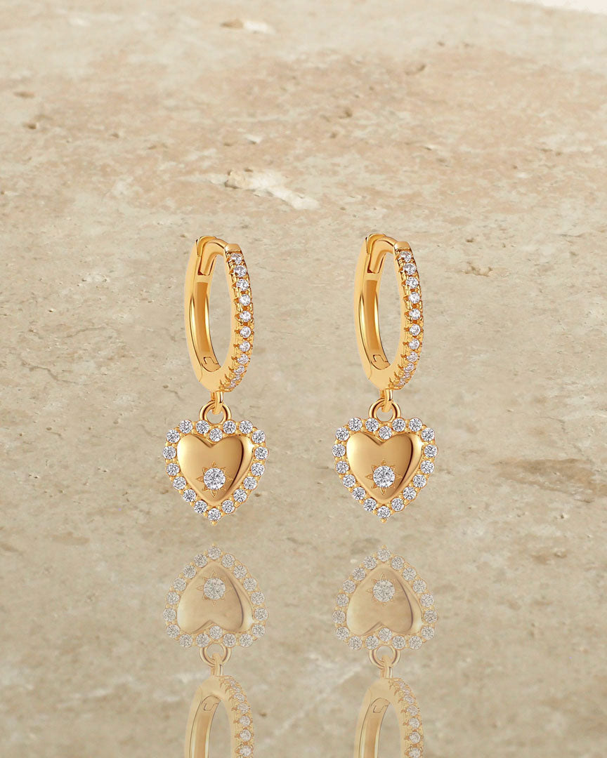 925 STERLING SILVER -  DAINTY HEART HOOP GOLD DROP EARRINGS - Katherynloche