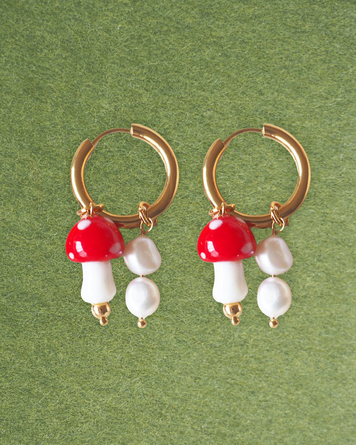 18k Gold Plated - Glass Mushroom Pearl Charm Hoop Earrings