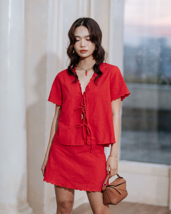 Red Cotton Front Tie Co-ord Top