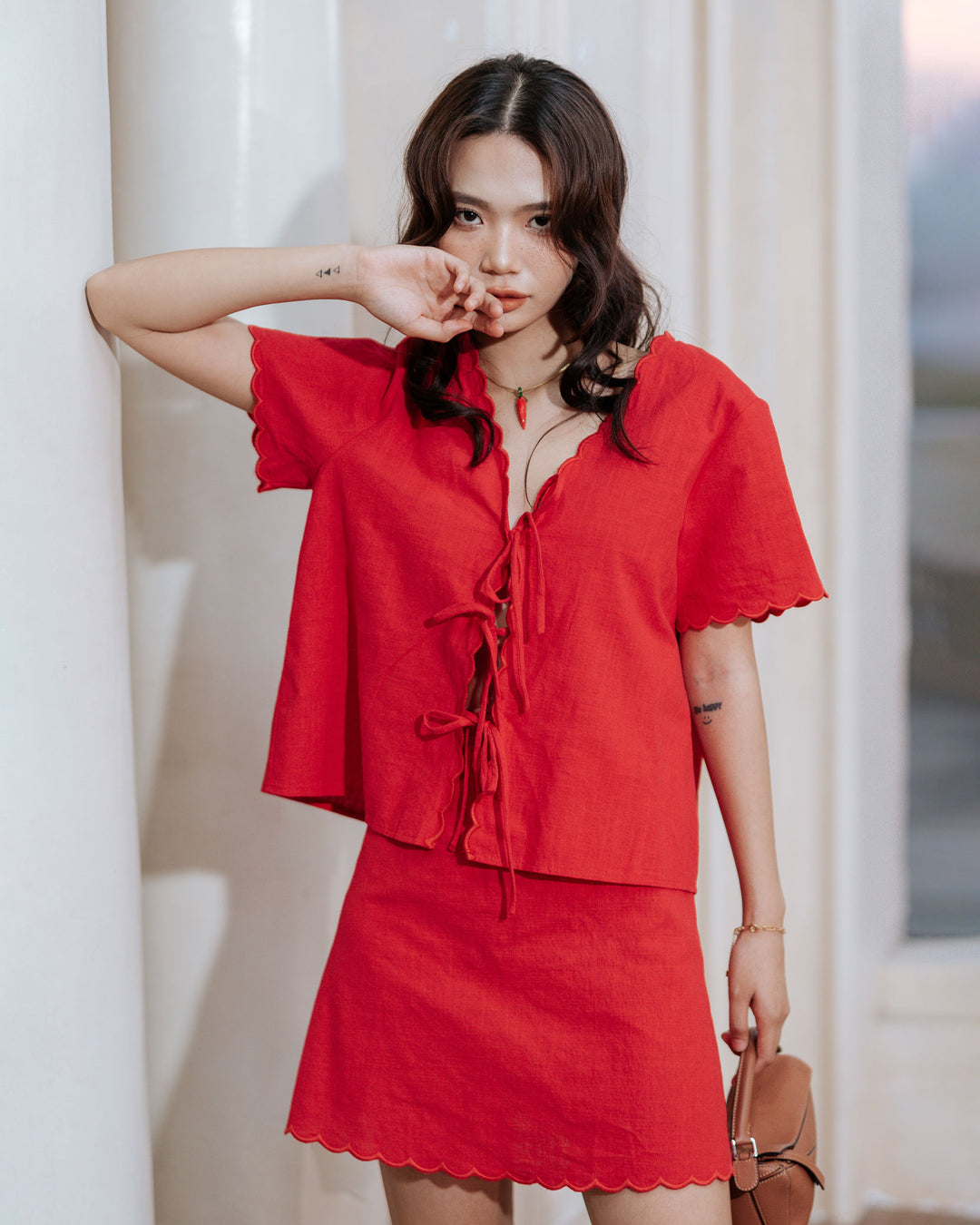 Red Cotton Front Tie Co-ord Top