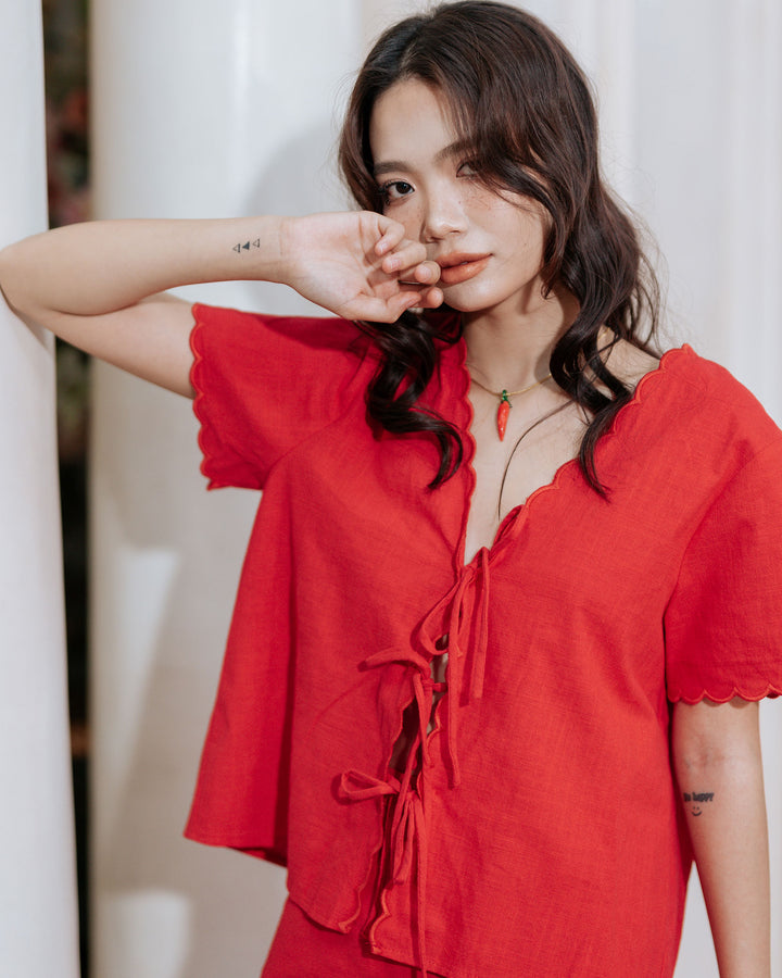 Red Cotton Front Tie Co-ord Top