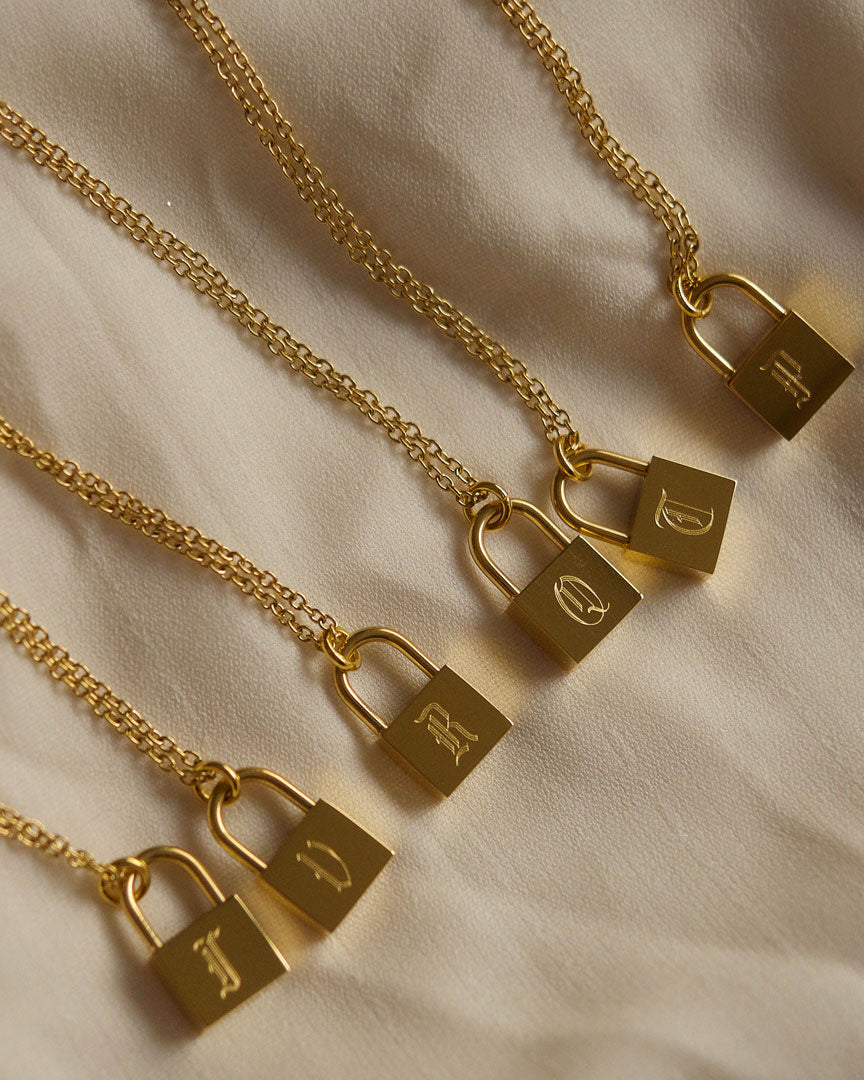 18k Gold Plated - Mae Old English Personal Gold Lock Necklace - Katherynloche