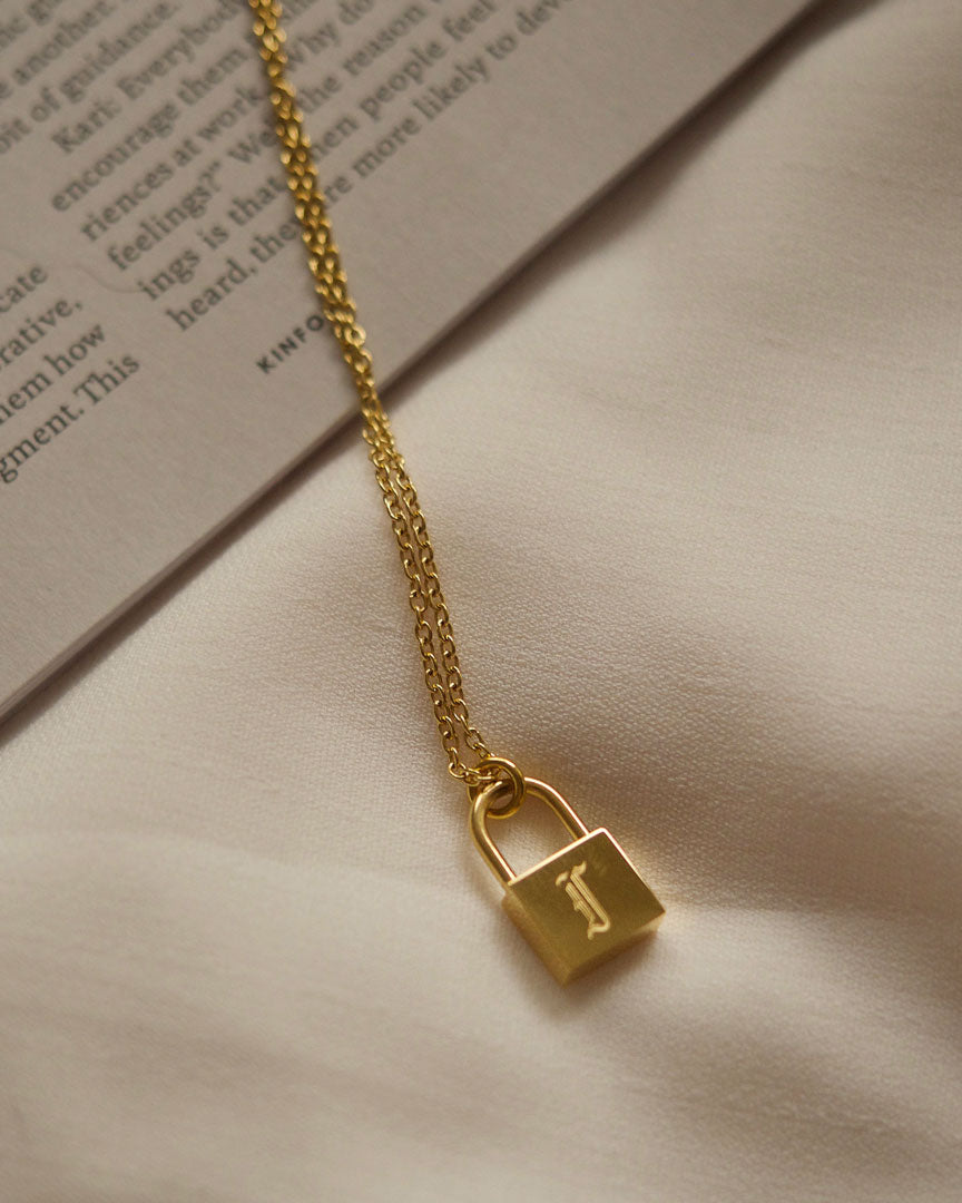 18k Gold Plated - Mae Old English Personal Gold Lock Necklace - Katherynloche