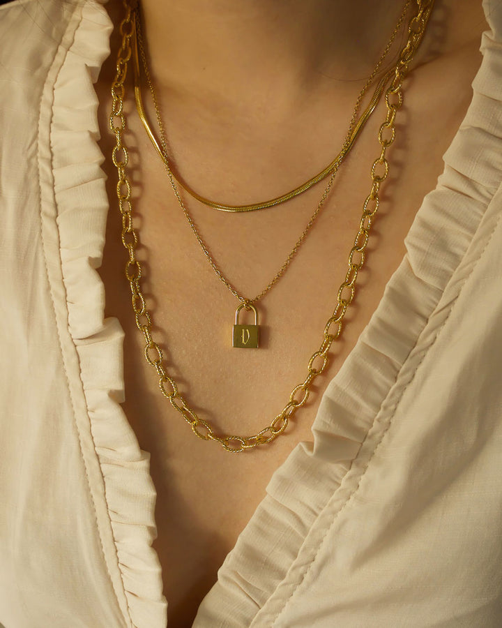 18k Gold Plated - Mae Old English Personal Gold Lock Necklace - Katherynloche